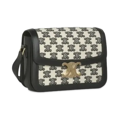 CELINE Medium Triomphe Bag in Textile with Triomphe Embroidery and Calfskin "Black"