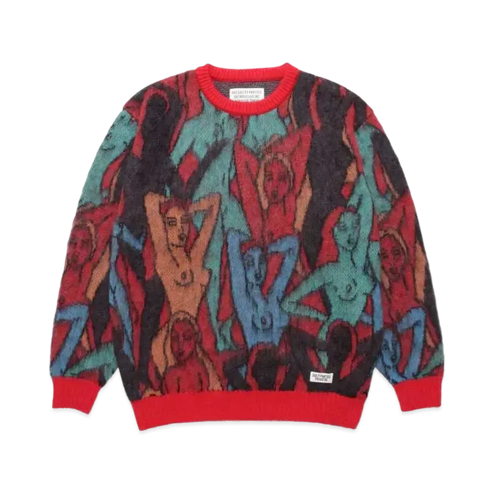 WACKO MARIA Yula Hyakujozu Mohair Knit Jacquard Sweater "Red"