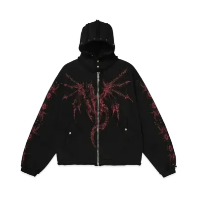 THUG CLUB Dragon Stud Zip-Up Hoodie "Black"