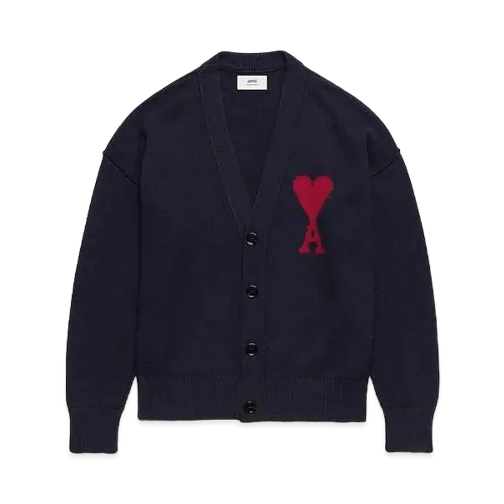 AMI PARIS Merino Wool Felt Cardigan "Night Blue & Red"
