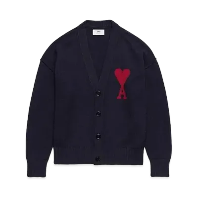 AMI PARIS Merino Wool Felt Cardigan "Night Blue & Red"