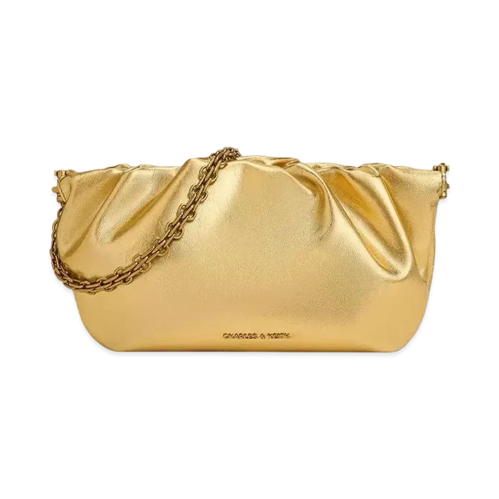 CHARLES & KEITH Bridget Ruched Chain Handle Clutch "Gold"