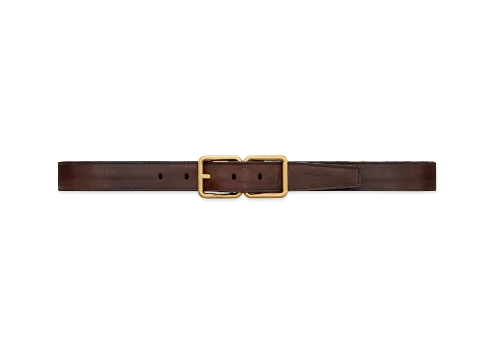 Saint Laurent Double Buckle Belt In Aged Raw Leather "Dark Cotto"