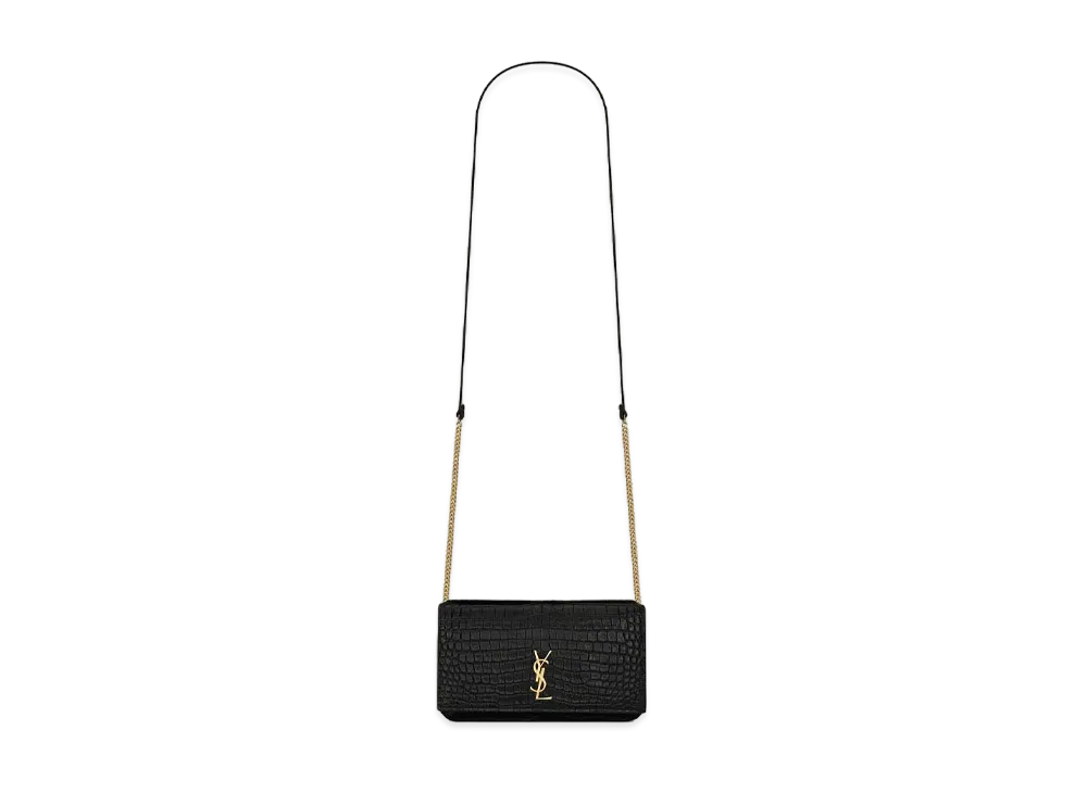 SAINT LAURENT Monogram Phone Holder With Strap In Shiny Crocodile-Embossed Leather "Black"
