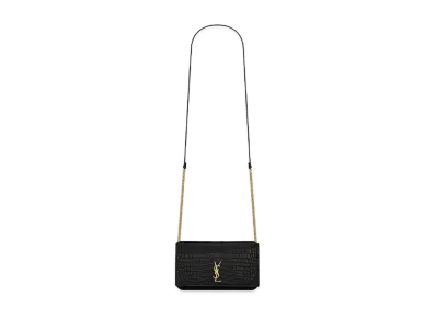 SAINT LAURENT Monogram Phone Holder With Strap In Shiny Crocodile-Embossed Leather "Black"