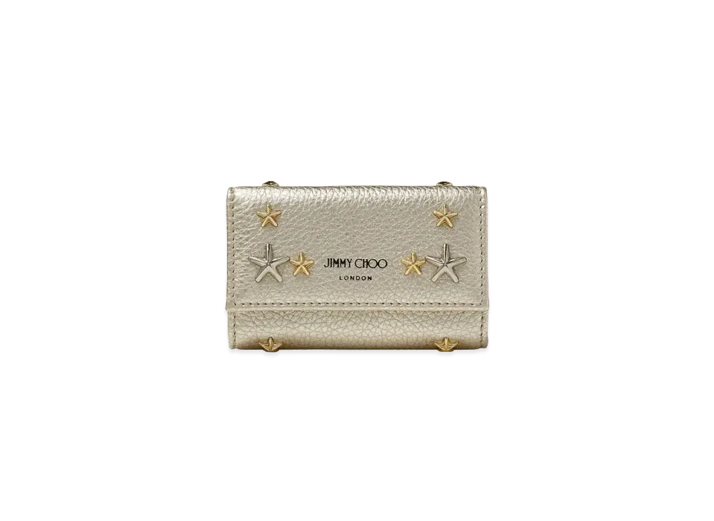 Jimmy Choo Neptune Metallic Soft Grainy Calf Key Case With Star Studs "Mix/Light Gold"
