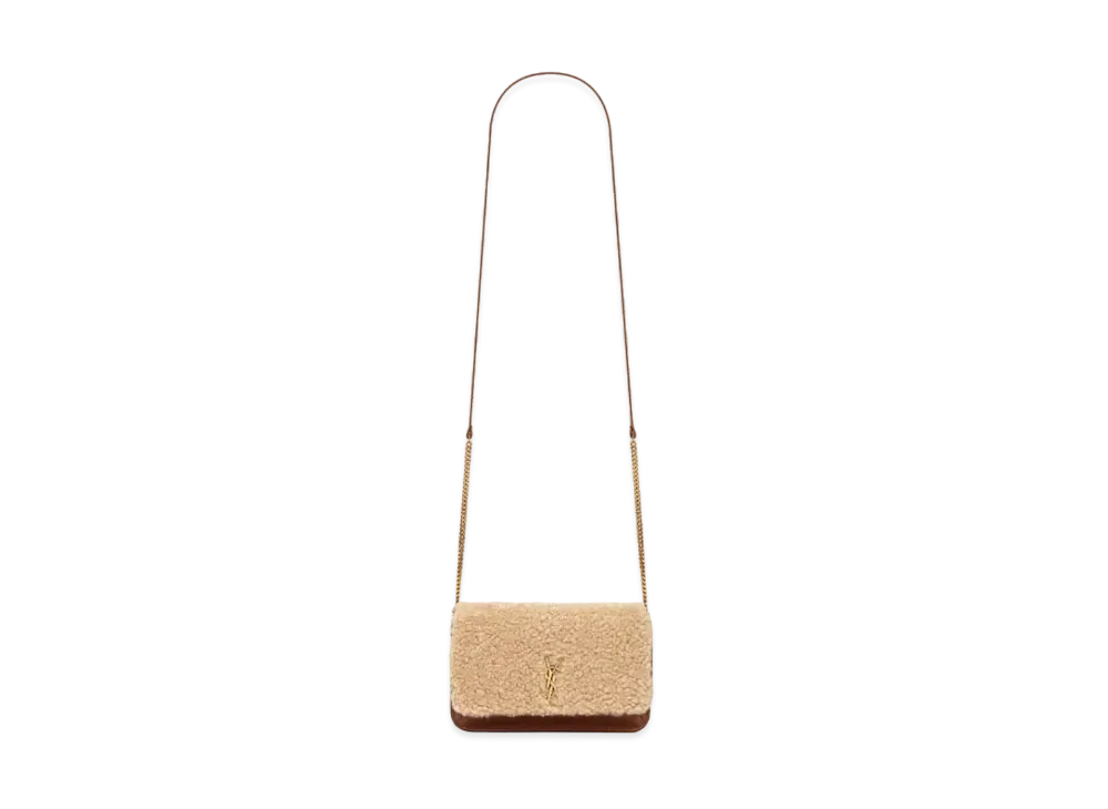 SAINT LAURENT Monogram Phone Holder With Strap In Shearling And Smooth Leather "Natural Beige/Brick"