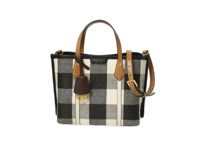 Tory Burch Perry Gingham Small Triple-Compartment Tote Bag "Black/New Ivory Gingham"