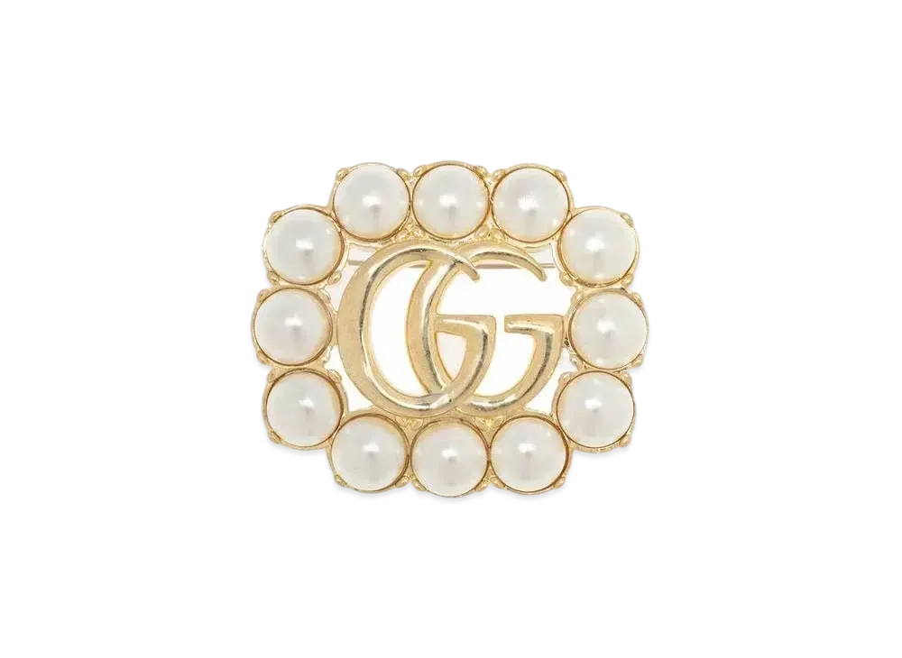 GUCCI Pearl Double G Brooch