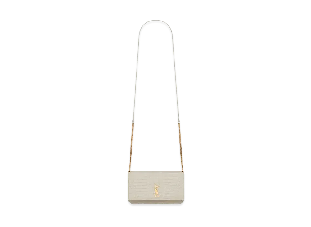 SAINT LAURENT Monogram Phone Holder With Strap In Crocodile-Embossed Leather "Vintage White"
