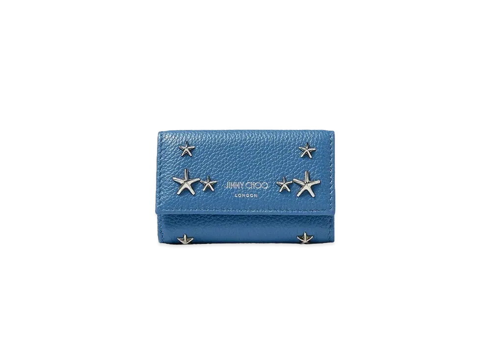 Jimmy Choo Neptune Soft Grainy Calf Leather Key Case With Star Studs "Silver/Butterfly Blue"
