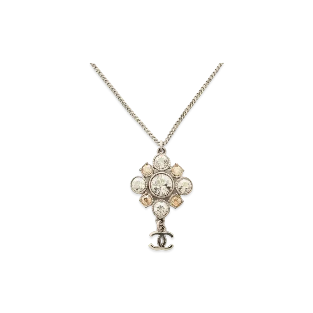 CHANEL Coco Mark Crystal Flower Necklace "Silver"