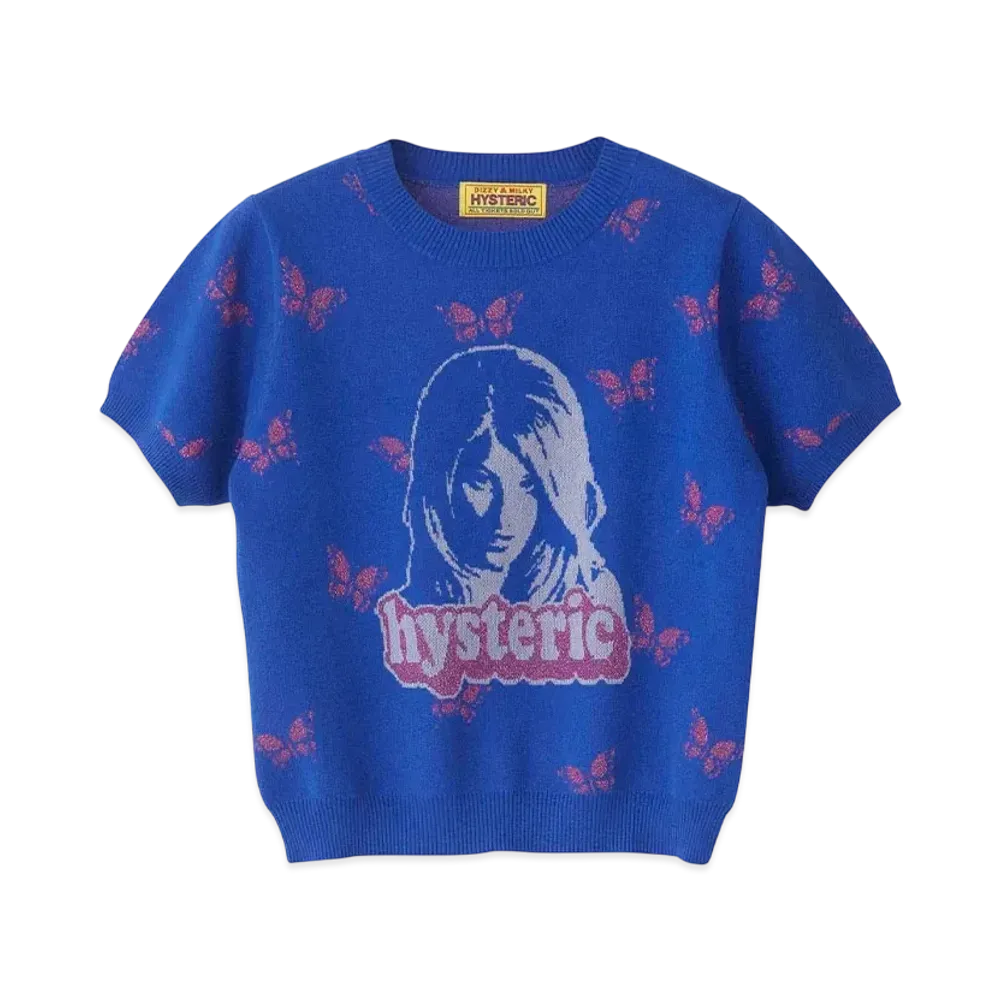 HYSTERIC GLAMOUR Butterfly Woman Head Pattern Short Length Pullover "Blue"