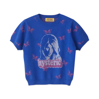 HYSTERIC GLAMOUR Butterfly Woman Head Pattern Short Length Pullover "Blue"
