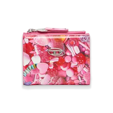 Diesel Play Bi-Fold Zip Ii Small Wallet In Printed Glossy Pu "Pink White"