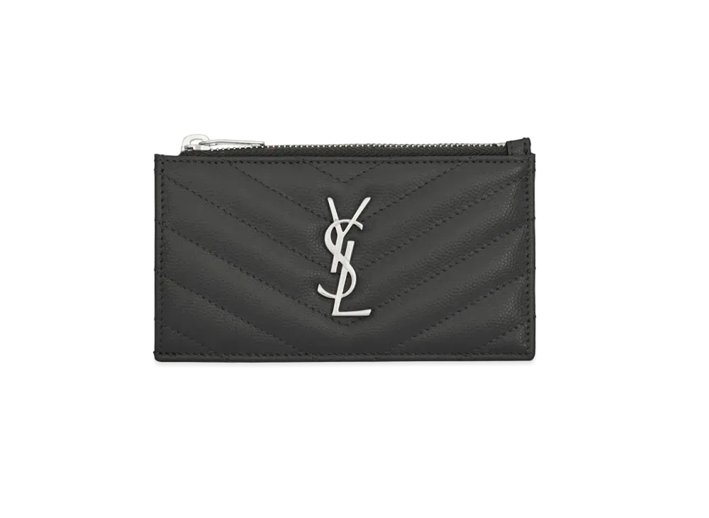 SAINT LAURENT Monogram Fragments Zipped Card Case In Grain De Poudre Embossed Leather "Black"