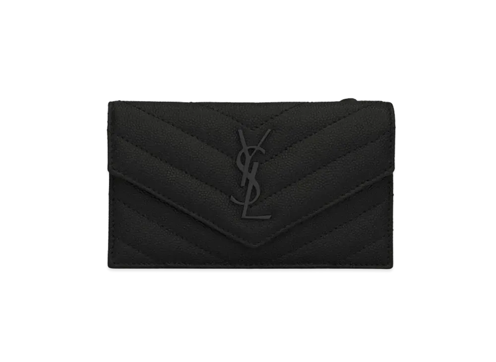 SAINT LAURENT Monogram Fragments Flap Card Case In Quilted Grain De Poudre Embossed Leather "Black"
