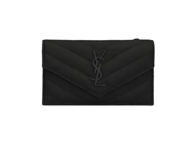 SAINT LAURENT Monogram Fragments Flap Card Case In Quilted Grain De Poudre Embossed Leather "Black"
