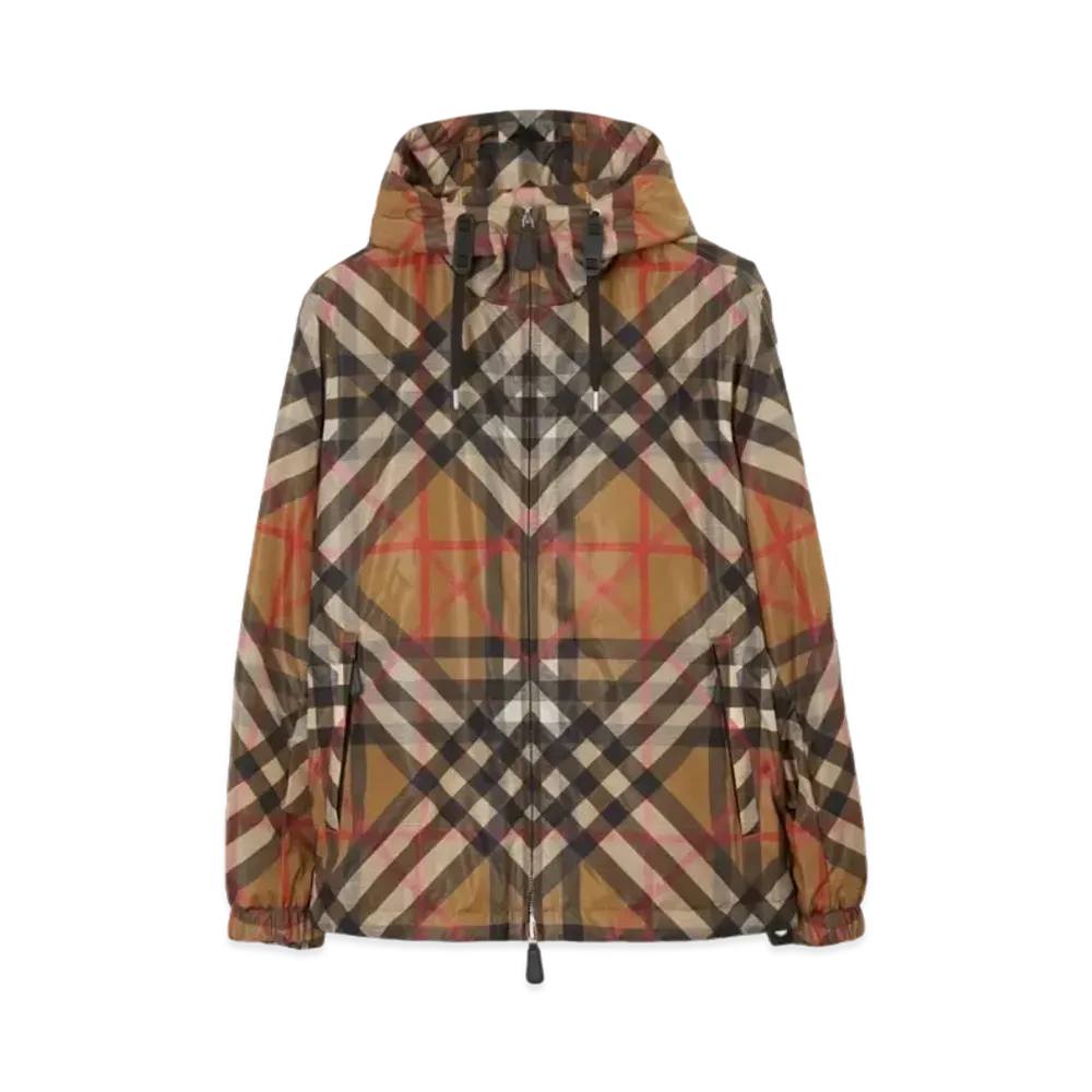 Burberry Men's Layered Check Nylon Hooded Jacket "Archive Beige"