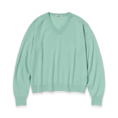 AURALEE High Gauge Soft Cashmere Knit V-Neck P/O "Mint Blue"