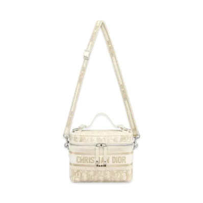 Dior Small Diortravel Vanity Case With Shoulder Strap Gold-Tone Dior Oblique Embroidery "Natural"