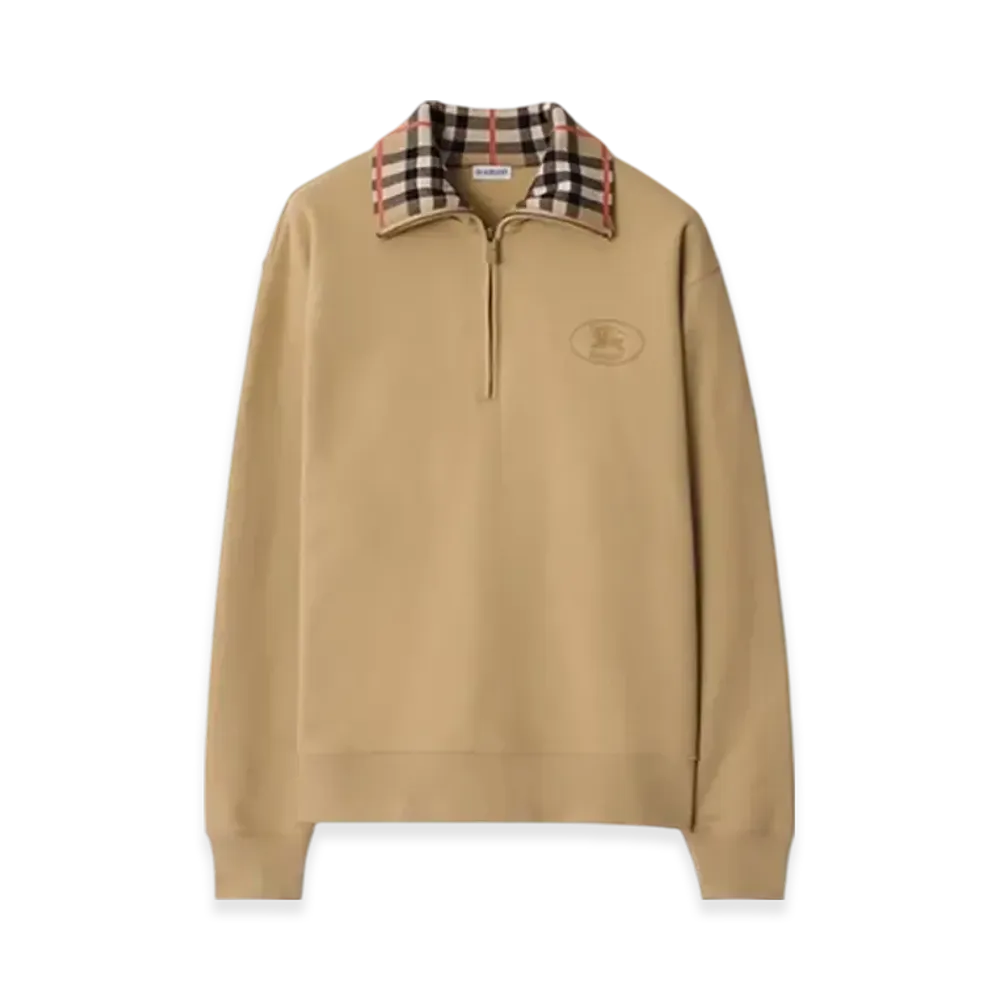 Burberry Check Collar Cotton Half-zip Sweatshirt "Flax"