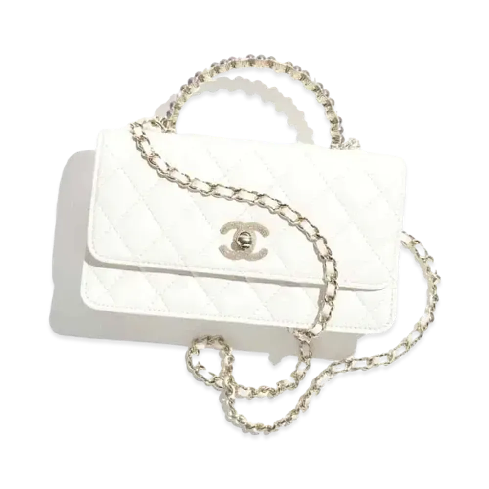CHANEL Clutch with Chain Shiny Crumpled Lambskin Imitation Pearls "White"