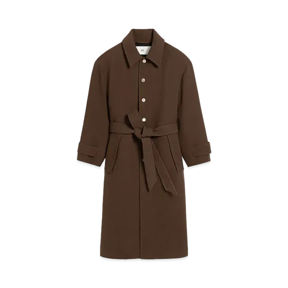 AMI PARIS Oversized Belted Wool Crepe Coat "Dark Coffee"