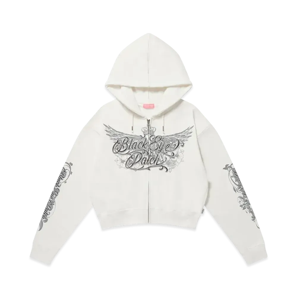 BlackEyePatch Crowned Wings Script Zip Hoodie "White"