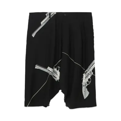 Yohji Yamamoto Pour Homme SILK SATIN GUN PRINT GUSSET SAROUEL PANTS "Black"