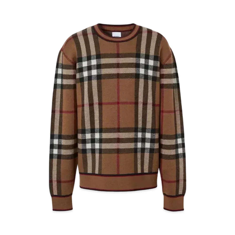 Burberry Men's Check Wool Jacquard Sweater "Birch Brown"