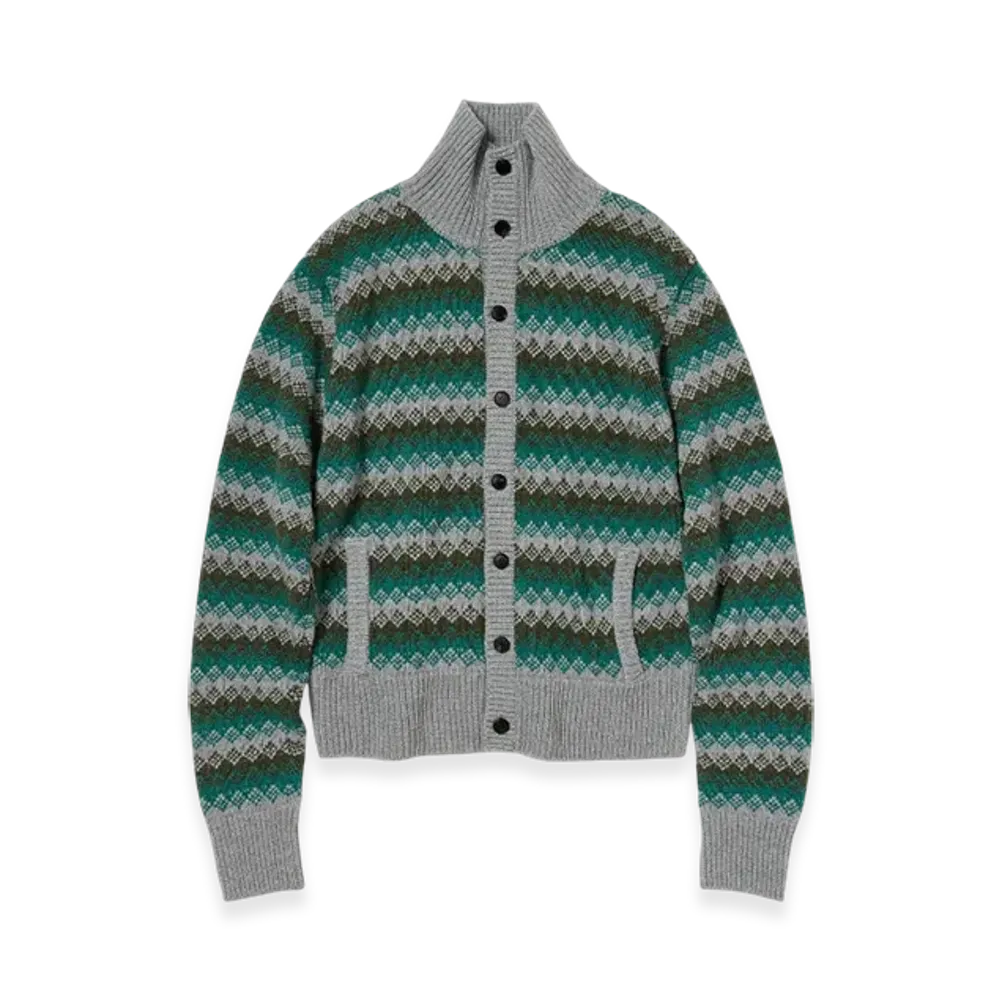 AURALEE Cashmere Jacquard Knit High-Neck Cardigan "Grey Green"