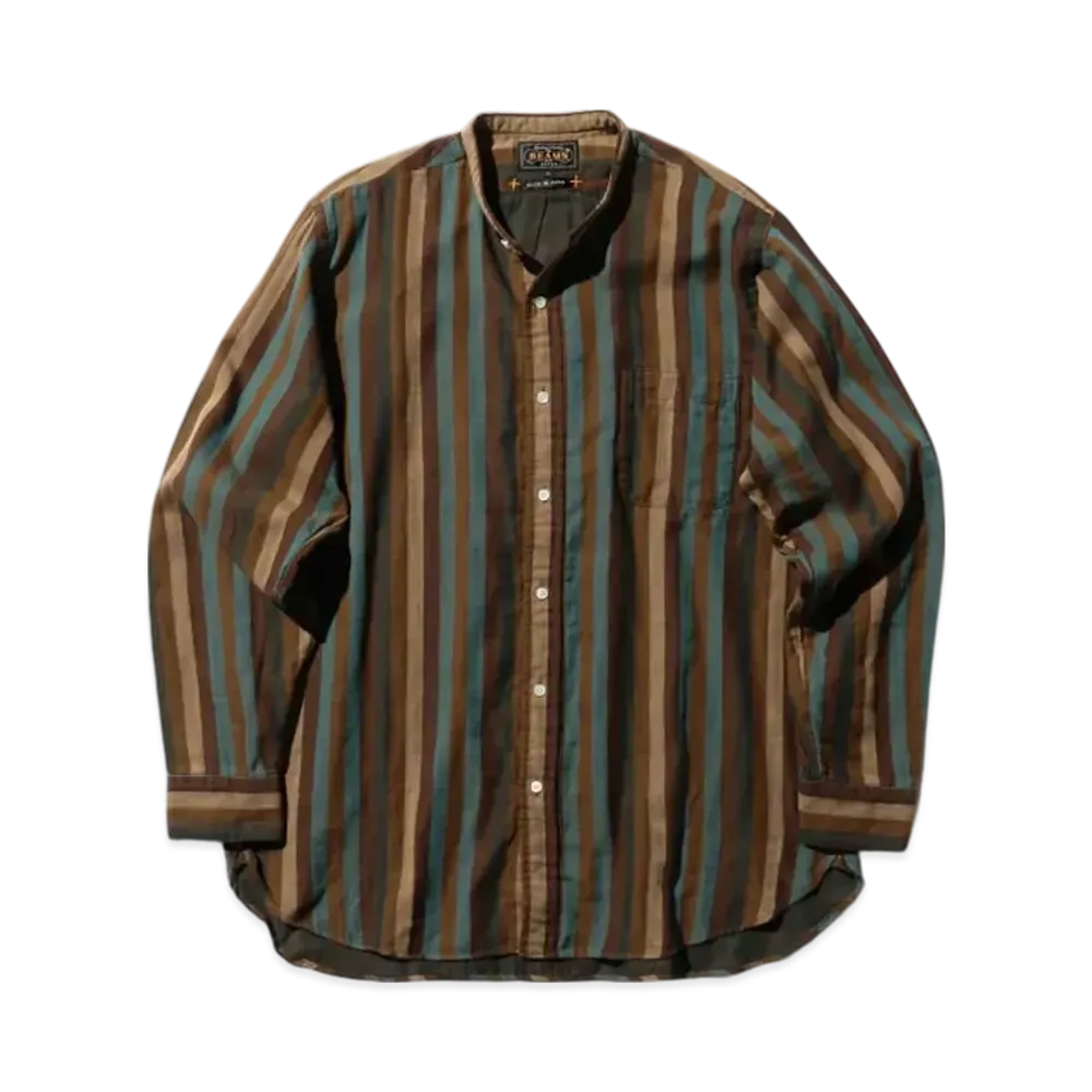BEAMS Band Collar Classic fit Multi Stripe Double Gauze "Brown"