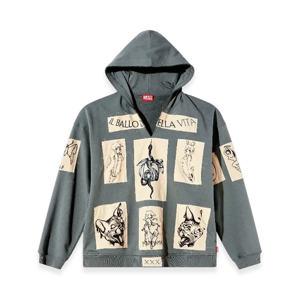 Diesel S-Boxt-Hood-DD Hoodie With Tattoo Patches "Gray"