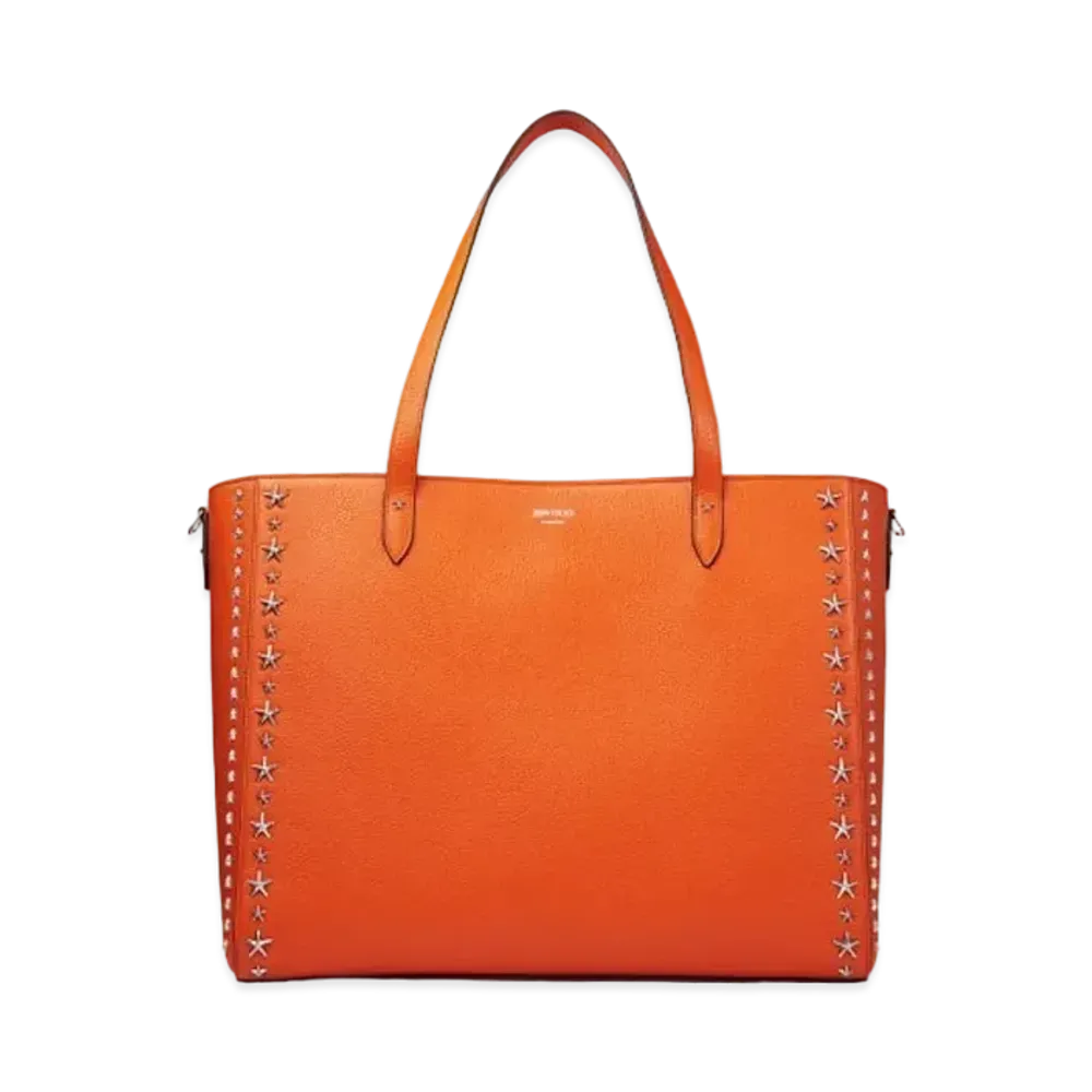 JIMMY CHOO DEELAN Soft Grainy Curf Leather Tote Bag With Silver Star Studs "Amber Orange"