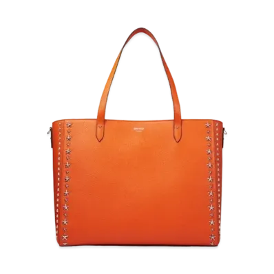 JIMMY CHOO DEELAN Soft Grainy Curf Leather Tote Bag With Silver Star Studs "Amber Orange"