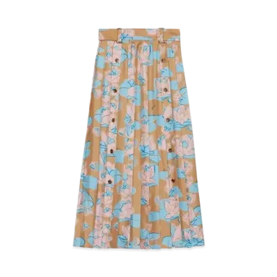 GUCCI Waterlily Print Pleated Silk Skirt "Beige/Turquoise"