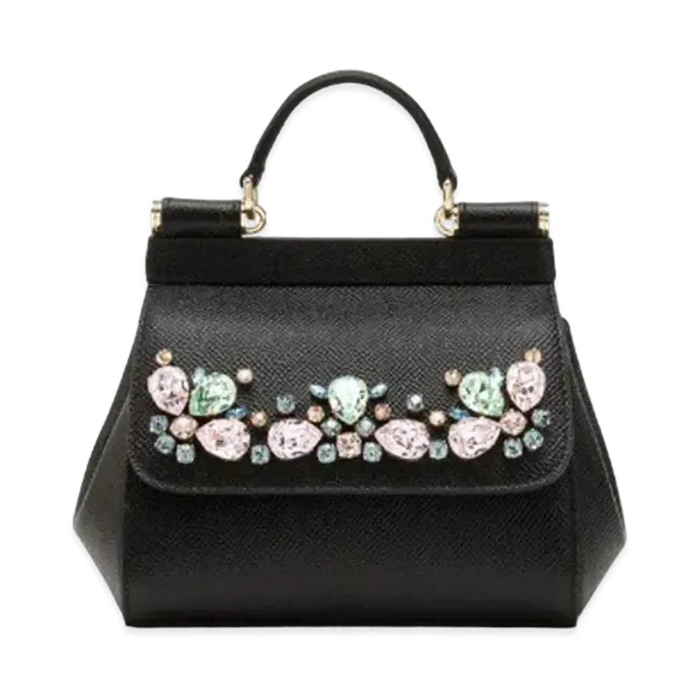 Dolce&Gabbana Sicily Bag Mini Dauphine Calfskin Rhinestone Embroidery "Black"