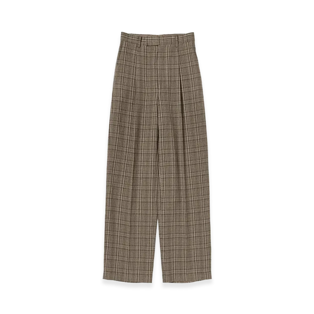 AURALEE Women's Silk Linen Nep Check One-Tuck Slacks "Dark Brown Check"