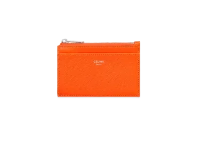 CELINE Zipped Card Holder In Grained Calfskin "Fluo Orange"