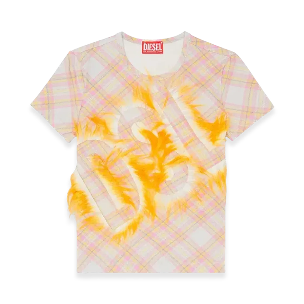 Diesel T-Unfury Check Top With Fuzzy Logo "Pink Orange"