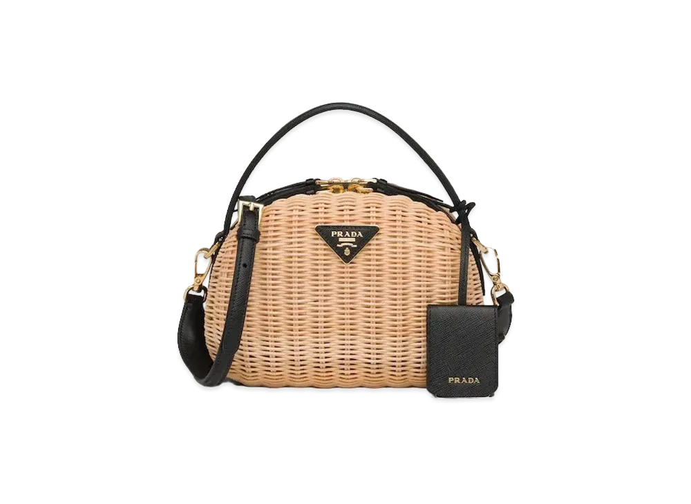 PRADA Wicker & Saffiano Leather Shoulder Bag "Beige/Black"