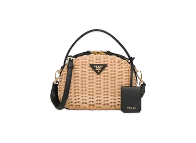 PRADA Wicker & Saffiano Leather Shoulder Bag "Beige/Black"