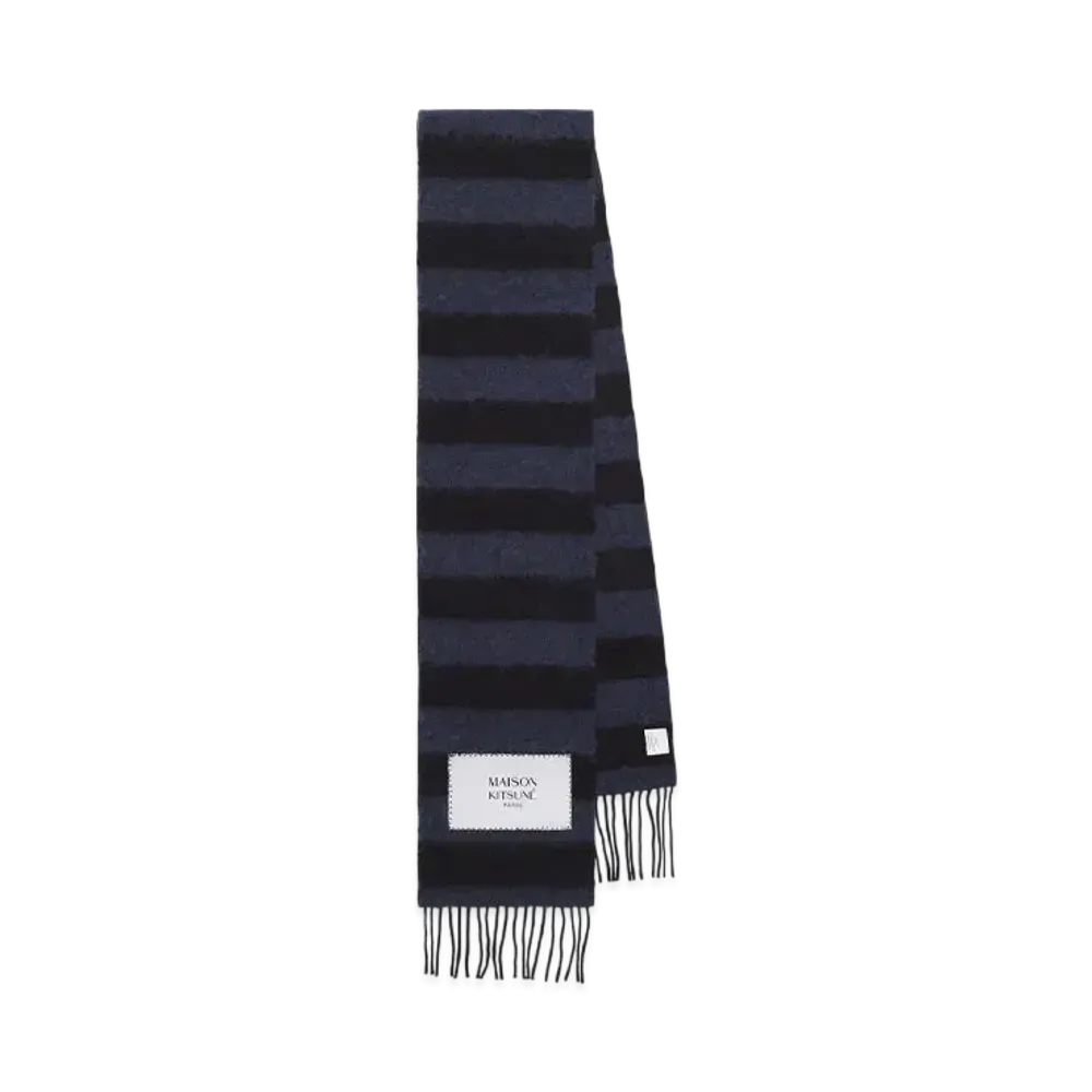 Maison Kitsune Festive Baby Alpaca Stripe Scarf "Black/Ink Blue"