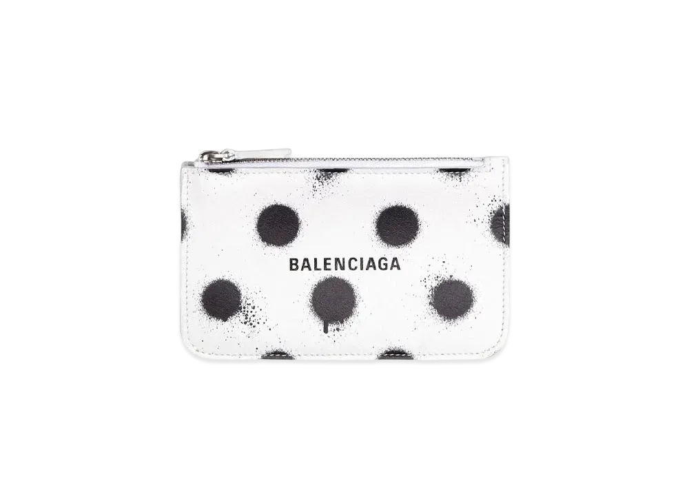 BALENCIAGA Cash Large Long Coin And Card Holder In Sprayed Polka Dots Printed Smooth Calfskin "White"