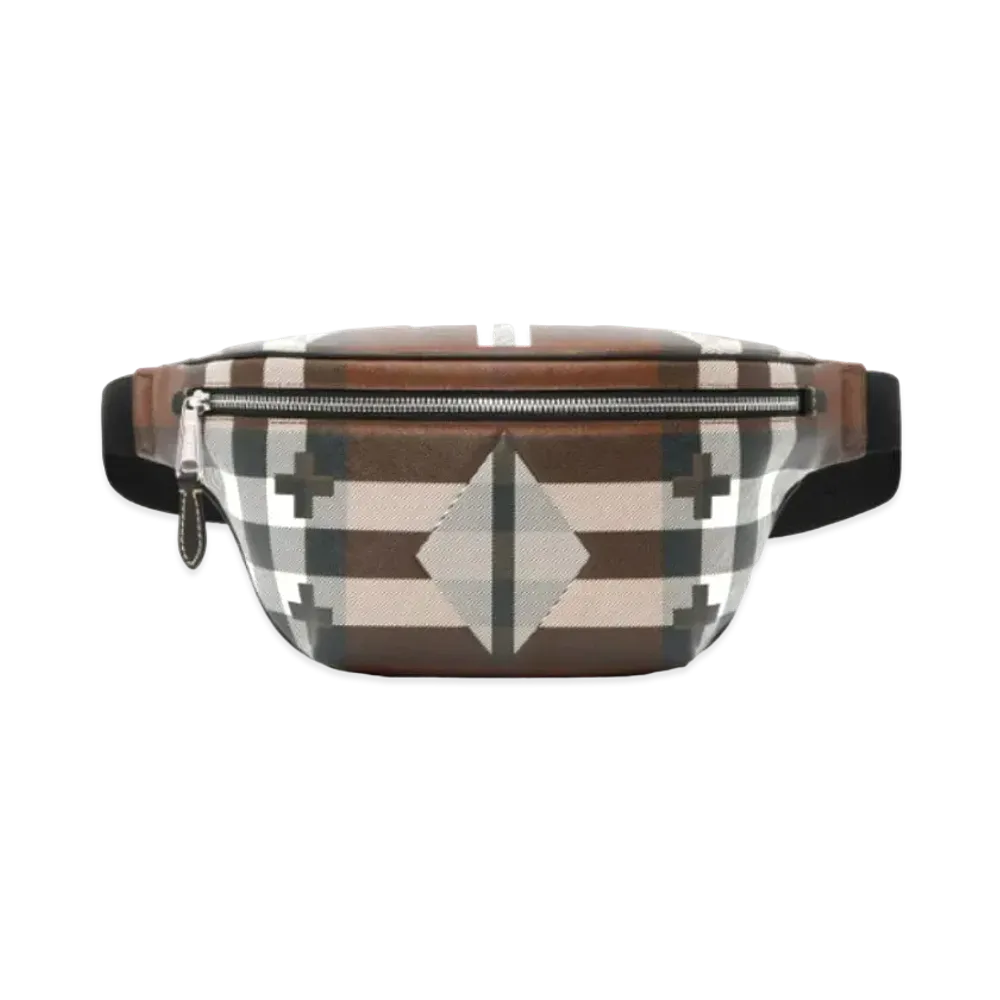 Burberry Geometric Check & Leather Bam Bag "Dark Barchi Brown/White"
