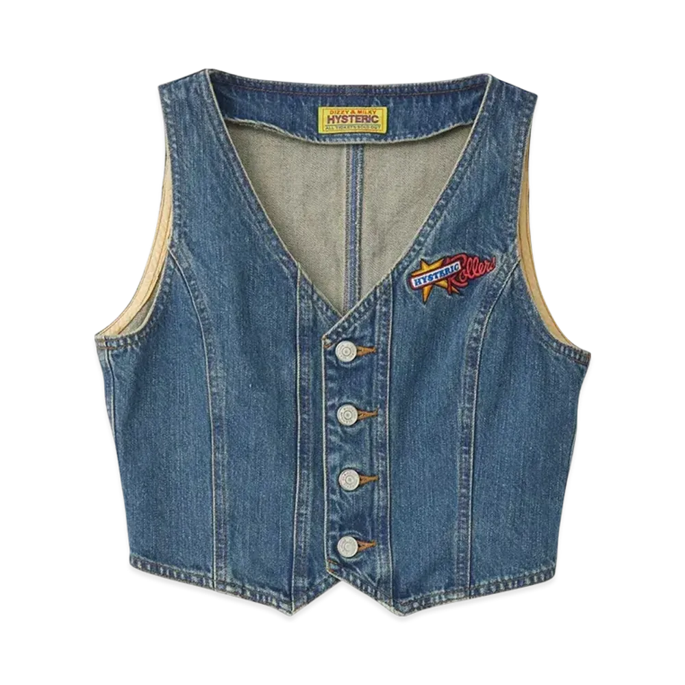HYSTERIC GLAMOUR Hysteric Rollers Embroidery Denim Vest "Light Indigo Blue"