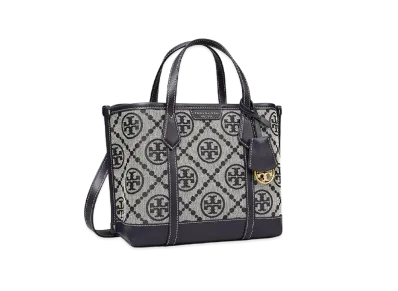 Tory Burch Perry T Monogram Small Triple-Compartment Tote "Navy"