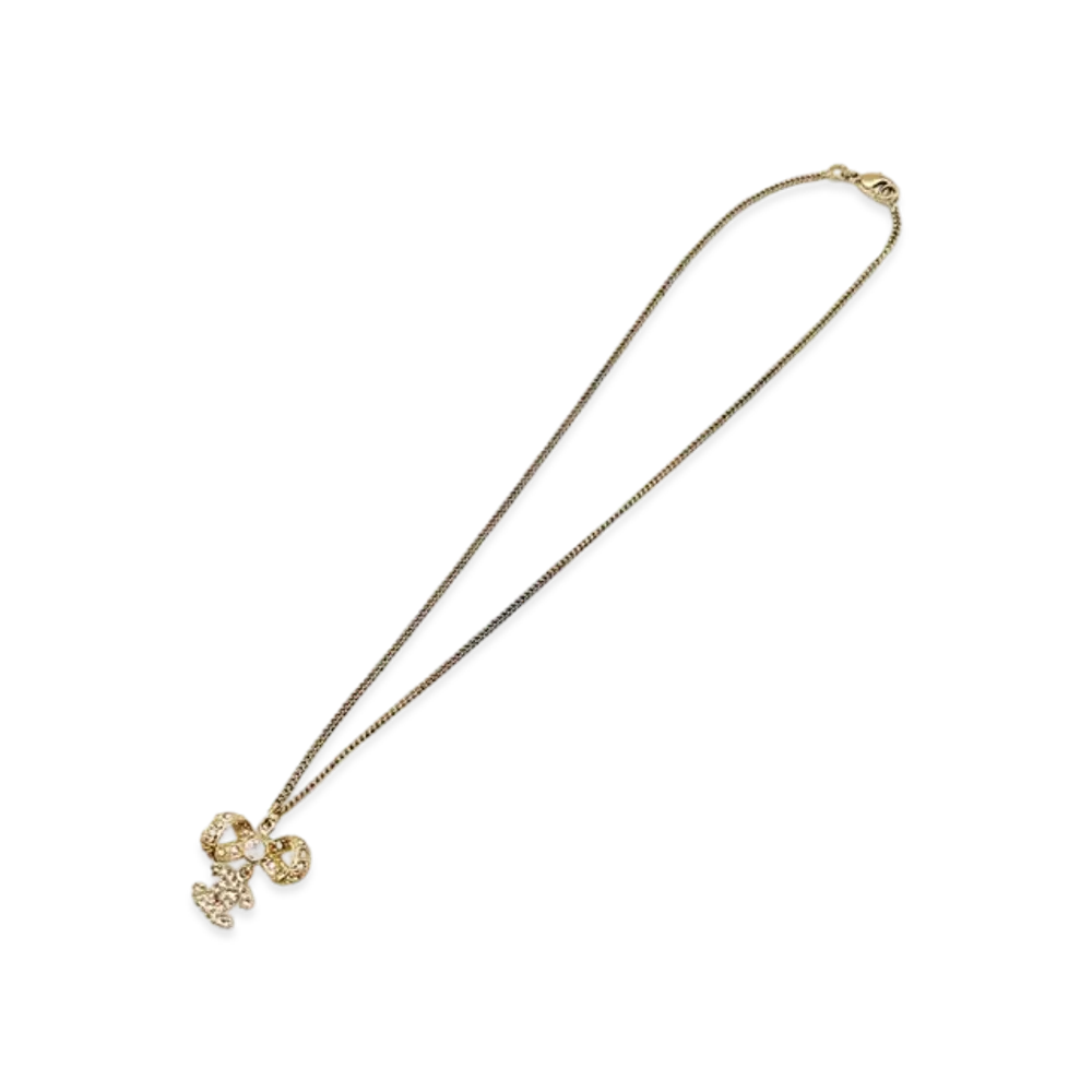 CHANEL Coco Mark Rhinestone Ribbon Necklace "Gold"