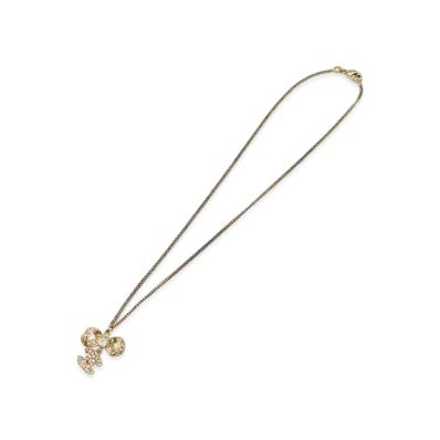 CHANEL Coco Mark Rhinestone Ribbon Necklace "Gold"